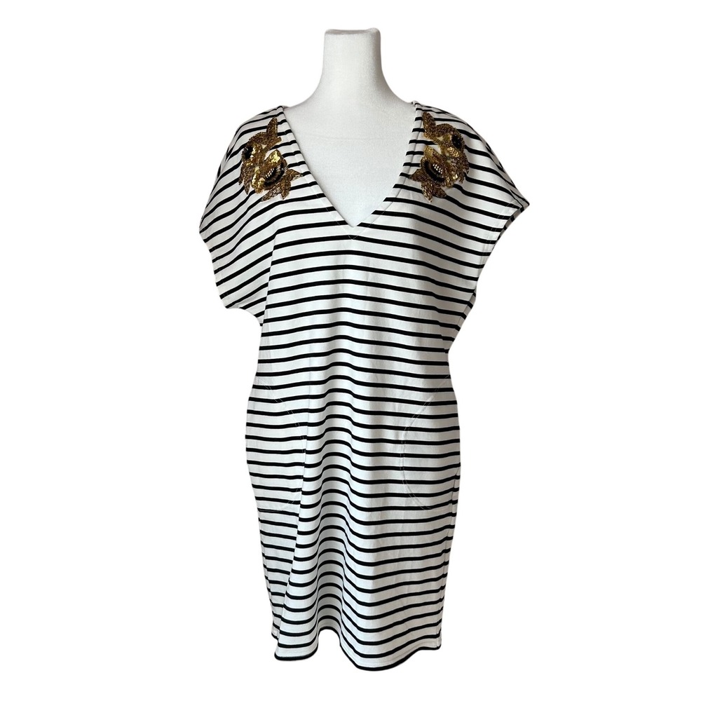 Boston Proper short sleeve V-neck t shirt dress black white stripe embellished M